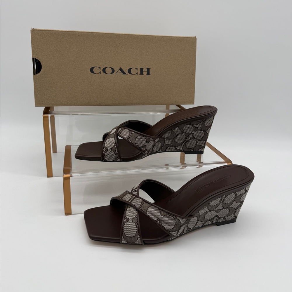 Coach Wedge Sandal In Signature Jacquard Oak Maple - Picture 8 of 12